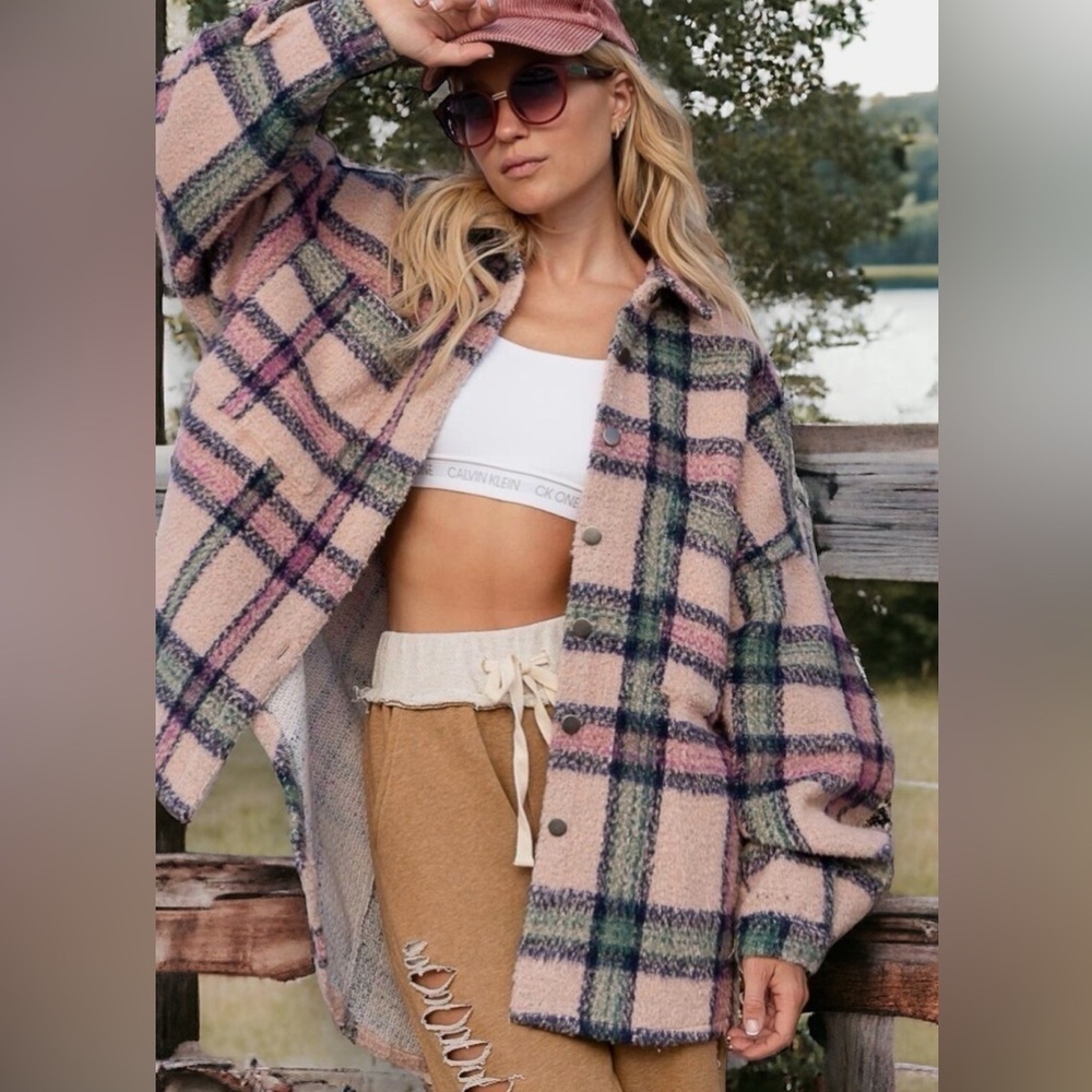 POL Anthropologie Oversized Plaid Fleece Shaket Women’s Size S